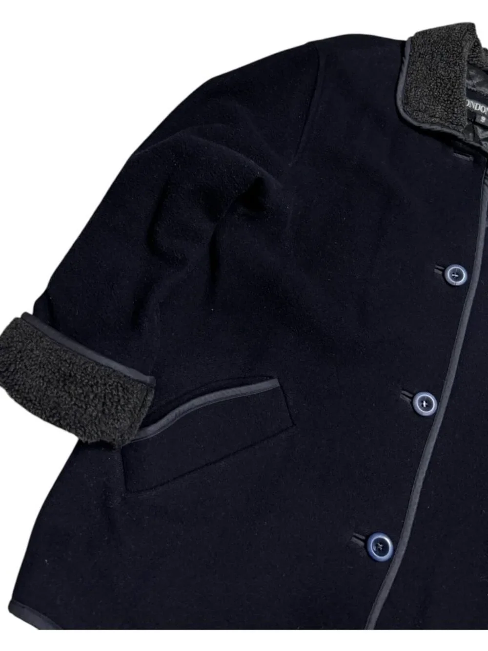 LONDON FOG Designer WOOL Sherpa Fleece  Blue Winter Parka Coat Womens 10 Petite